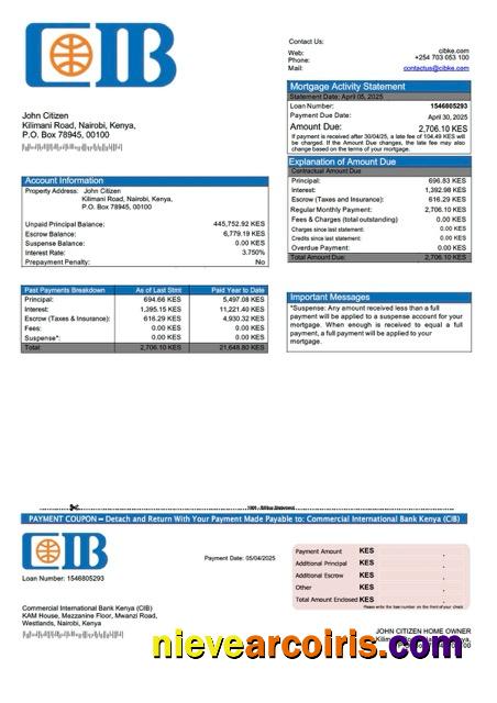 Kenya Commercial International Bank Kenya (CIB) mortgage statement Word and PDF template